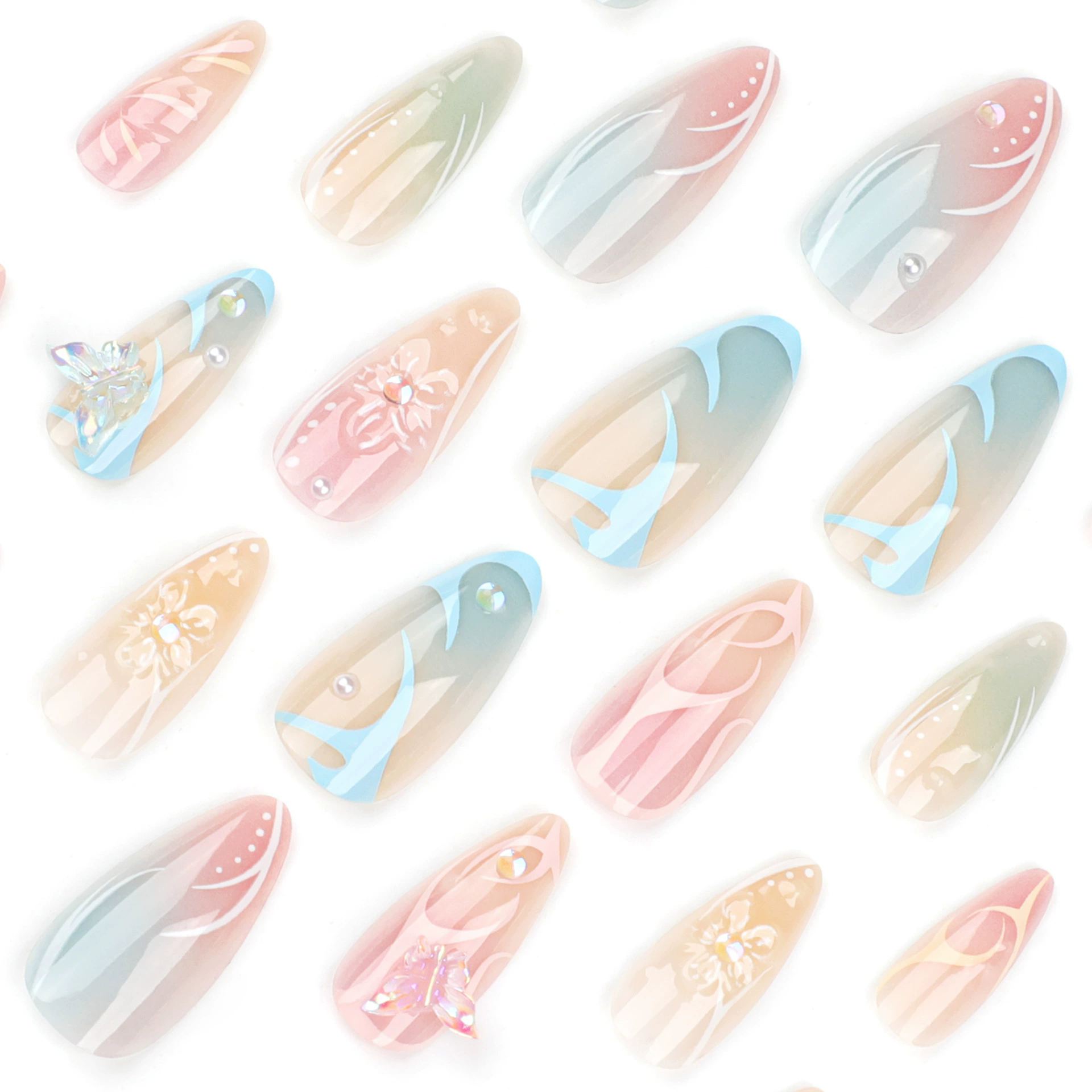 3D Pink Almond False Nails Butterfly Ballet With French Design Wearable Fake Nails Simple Artificial Press on Nails Tips Art 24Pcs