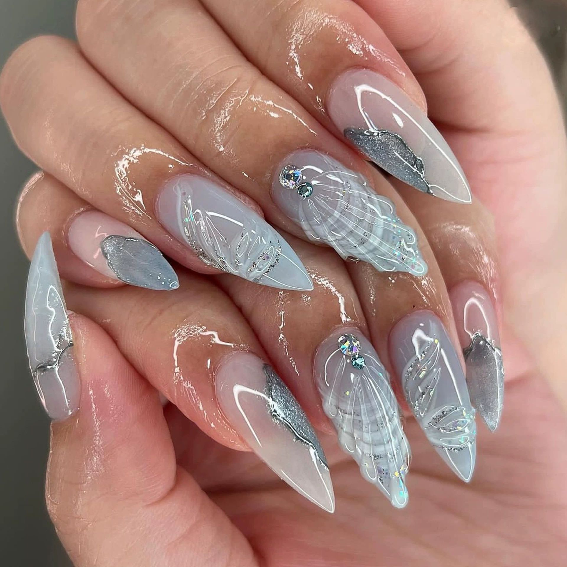 3D Pink Almond False Nails Butterfly Ballet With French Design Wearable Fake Nails Simple Artificial Press on Nails Tips Art 24Pcs