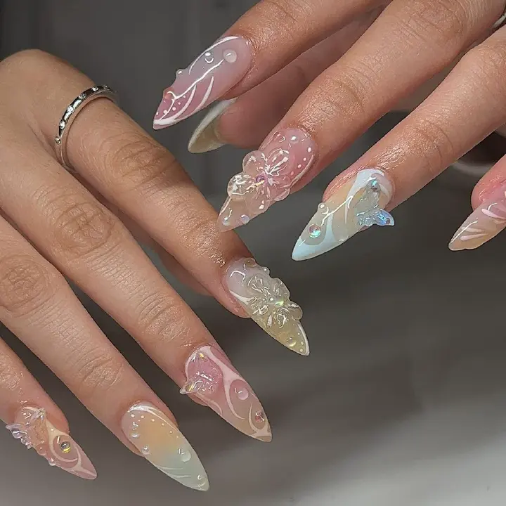 3D Pink Almond False Nails Butterfly Ballet With French Design Wearable Fake Nails Simple Artificial Press on Nails Tips Art 24Pcs