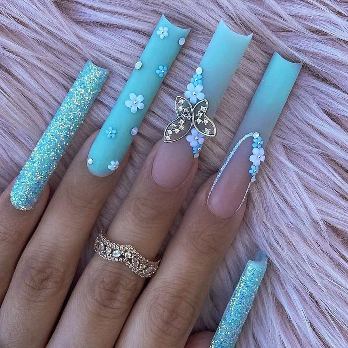 24Pcs Wearable Colorful Butterfly Designs French Press on Nails Long Ballet False Nails with Rhinestone acrylic Fake Nails tips