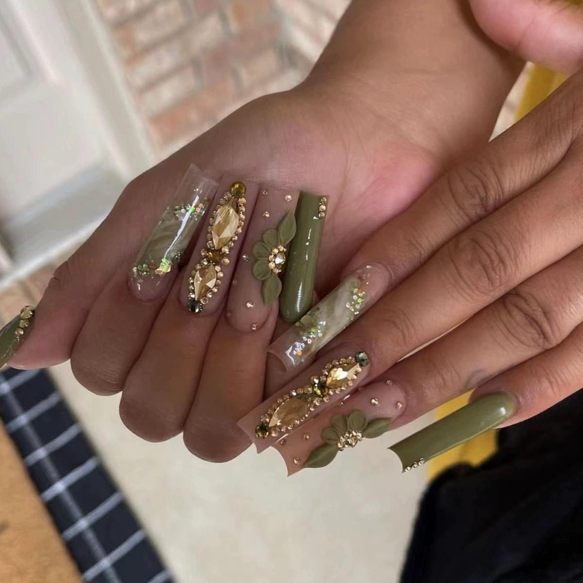 24Pcs Wearable Colorful Butterfly Designs French Press on Nails Long Ballet False Nails with Rhinestone acrylic Fake Nails tips