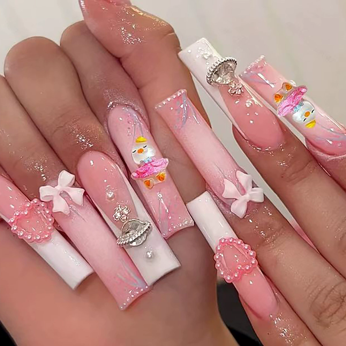 24Pcs Wearable Colorful Butterfly Designs French Press on Nails Long Ballet False Nails with Rhinestone acrylic Fake Nails tips