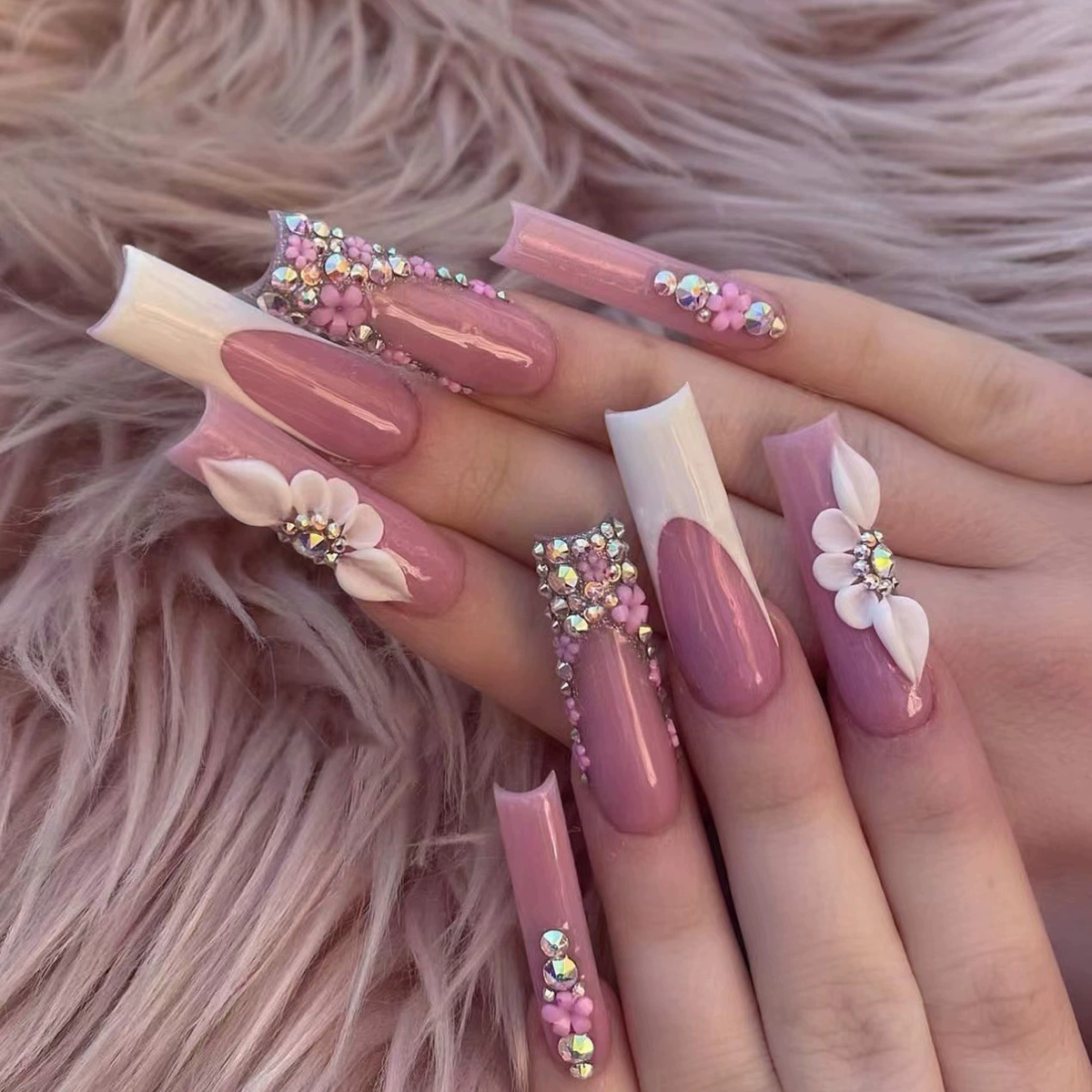 24Pcs Wearable Colorful Butterfly Designs French Press on Nails Long Ballet False Nails with Rhinestone acrylic Fake Nails tips
