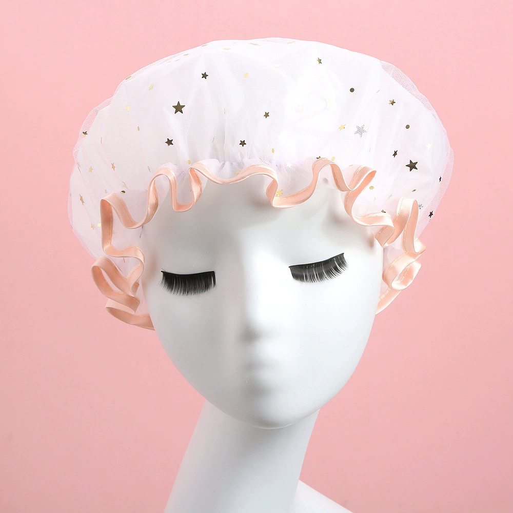 Double-layer Shower Cap Adult Ladies PVC Waterproof Bathing Hat Kitchen Oil-proof Bathroom Bathing Household Shower Cap