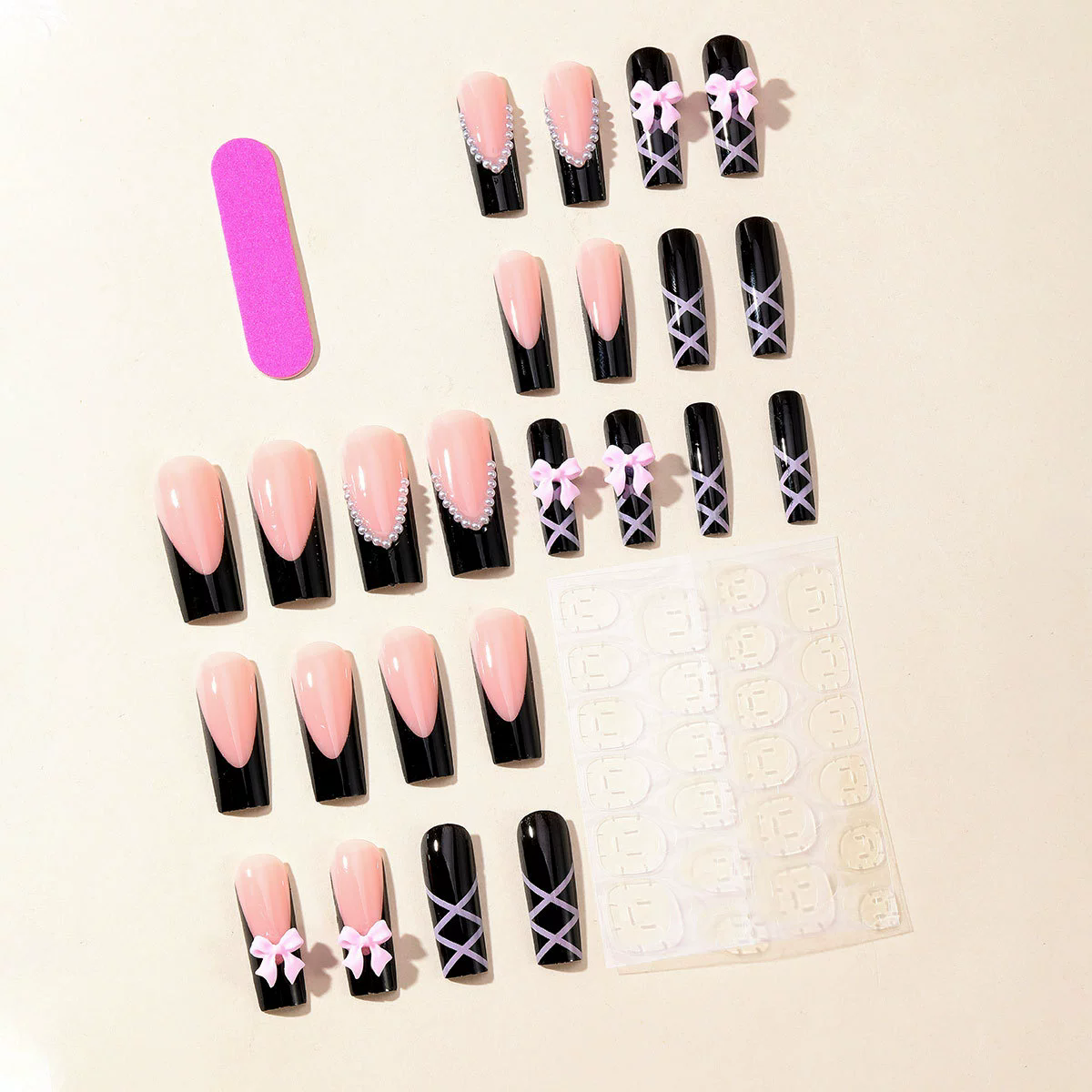 24Pcs Long Ballet False Nails Pink Butterfly with Rhinestones French Design Wearable Fake Nails Glitter Press on Nails Tips Art