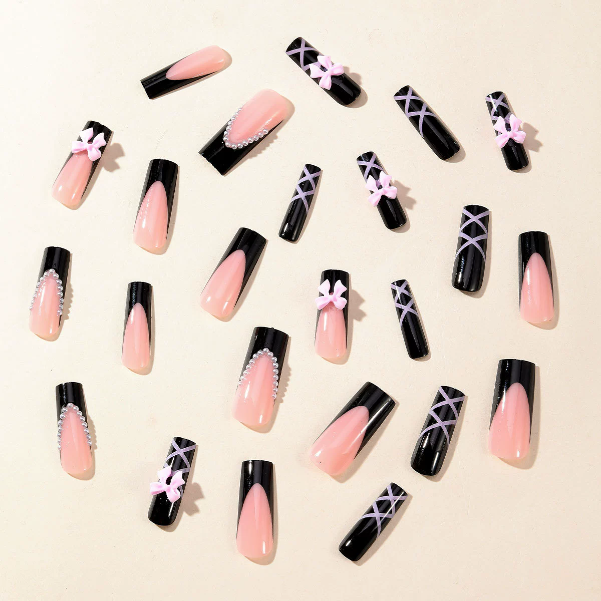 24Pcs Long Ballet False Nails Pink Butterfly with Rhinestones French Design Wearable Fake Nails Glitter Press on Nails Tips Art