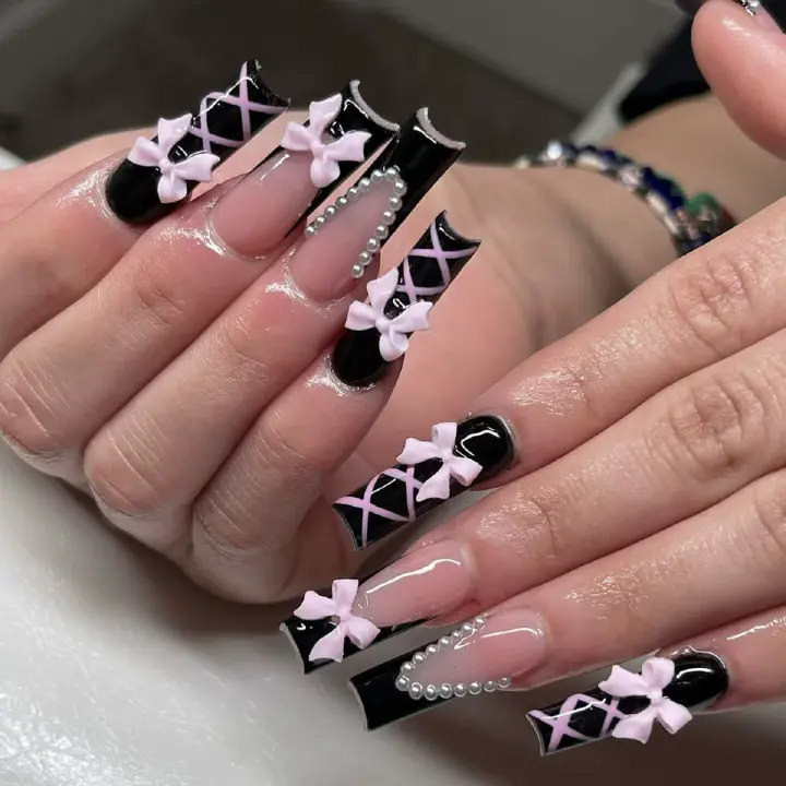 24Pcs Long Ballet False Nails Pink Butterfly with Rhinestones French Design Wearable Fake Nails Glitter Press on Nails Tips Art