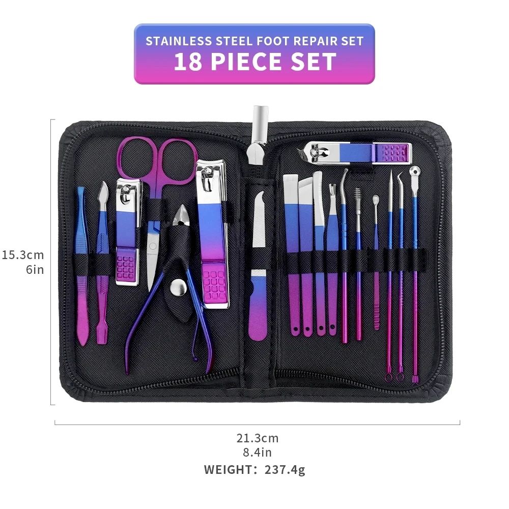6-18pcs Set Professional Stainless Steel Manicure & Pedicure Kit Precision Nail Care with Travel Case with Nail Clipper Scissor