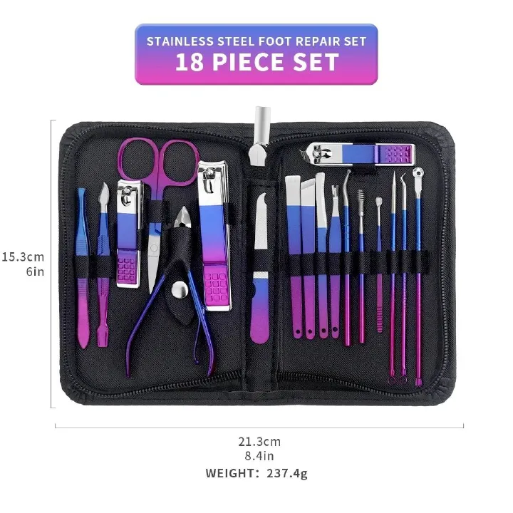 6-18pcs Set Professional Stainless Steel Manicure & Pedicure Kit Precision Nail Care with Travel Case with Nail Clipper Scissor