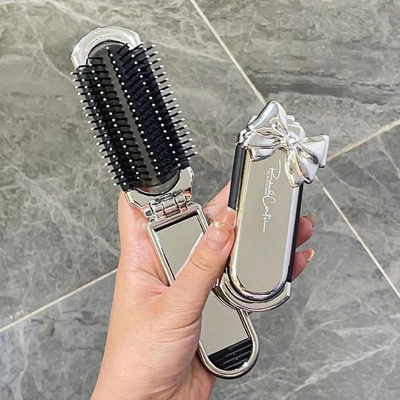2 In 1 Mini Portable Folding Comb Mirror Diamond Air Cushion Bling Rhinestone Cosmetic Travel Pocket Hair Brush Makeup Tool