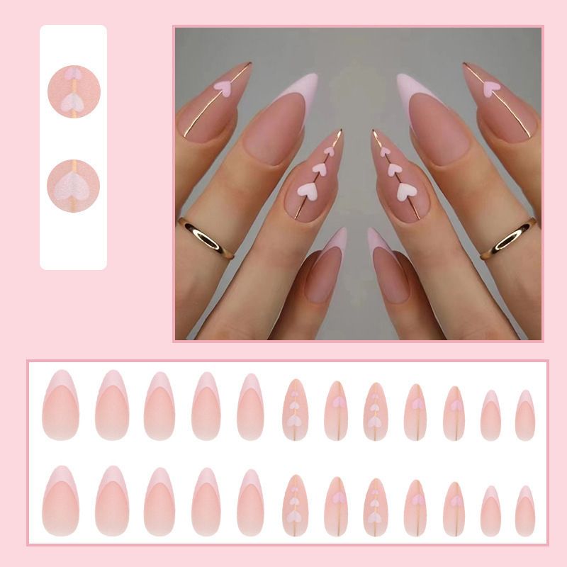 24Pcs/set Medium Length French Fake Nails Blue Pink Halo Glossy False Nail Artificial Acrylic Press On Nails Art tips Removable