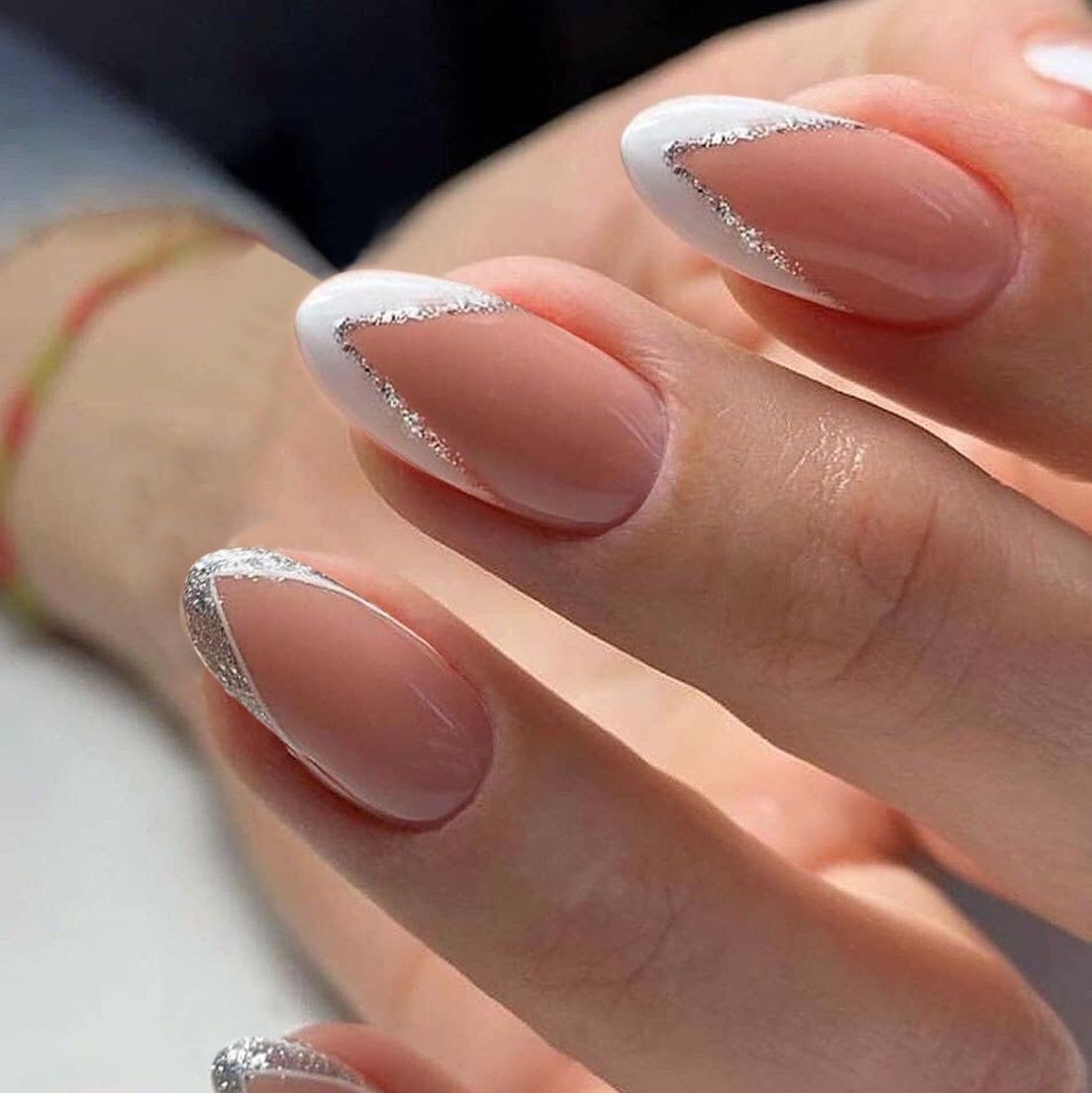 24Pcs/set Medium Length French Fake Nails Blue Pink Halo Glossy False Nail Artificial Acrylic Press On Nails Art tips Removable