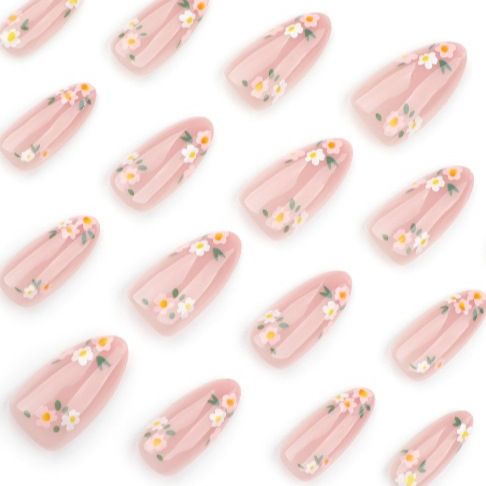 24Pcs/set Medium Length French Fake Nails Blue Pink Halo Glossy False Nail Artificial Acrylic Press On Nails Art tips Removable