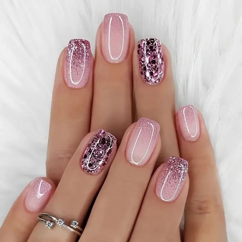24Pcs/set Medium Length French Fake Nails Blue Pink Halo Glossy False Nail Artificial Acrylic Press On Nails Art tips Removable