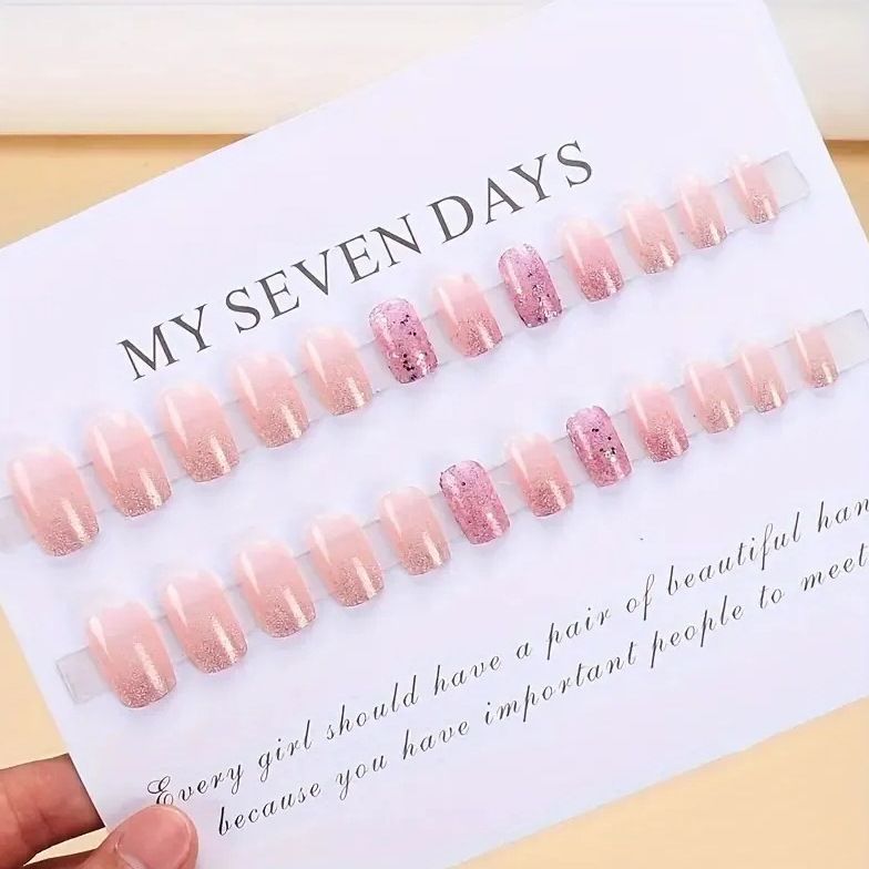 24Pcs/set Medium Length French Fake Nails Blue Pink Halo Glossy False Nail Artificial Acrylic Press On Nails Art tips Removable