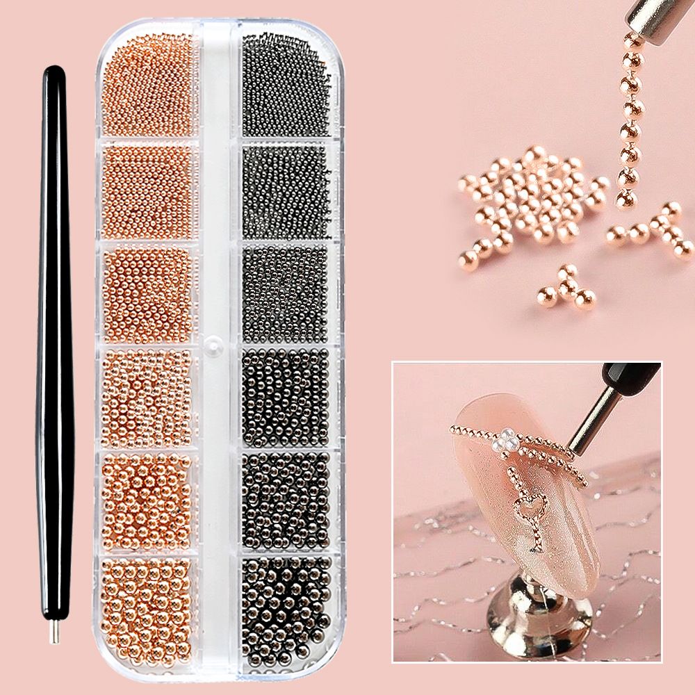 6/12Grids Mini Caviar Beads Nail Art Decorations Metal Gold/Silver Micro Ball Nail Charms Magnetic Pen 0.5~3mm Ball Nail Jewelry With Magnetic Pen