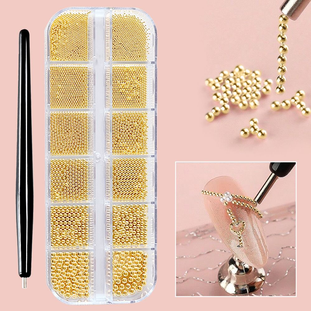 6/12Grids Mini Caviar Beads Nail Art Decorations Metal Gold/Silver Micro Ball Nail Charms Magnetic Pen 0.5~3mm Ball Nail Jewelry With Magnetic Pen