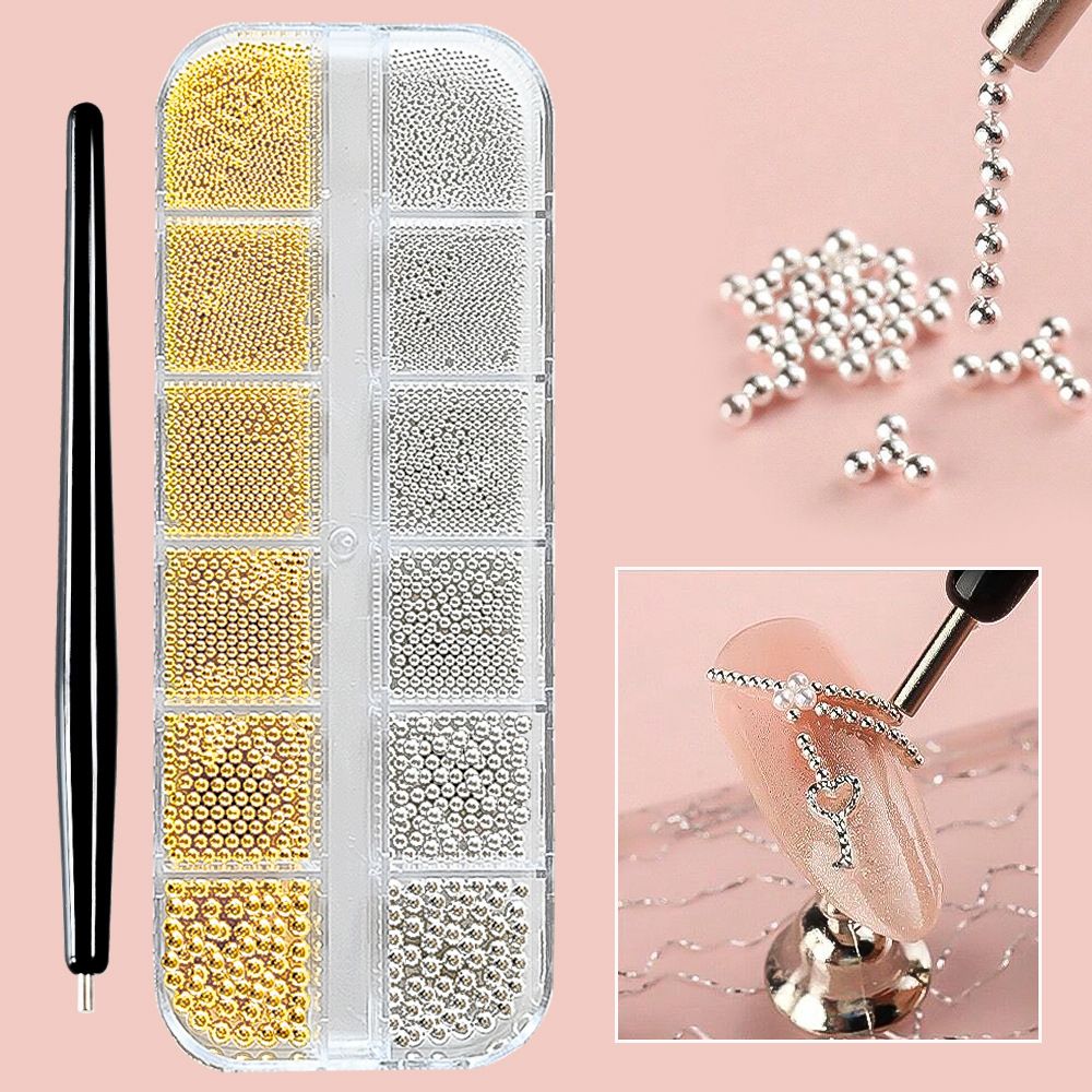 6/12Grids Mini Caviar Beads Nail Art Decorations Metal Gold/Silver Micro Ball Nail Charms Magnetic Pen 0.5~3mm Ball Nail Jewelry With Magnetic Pen