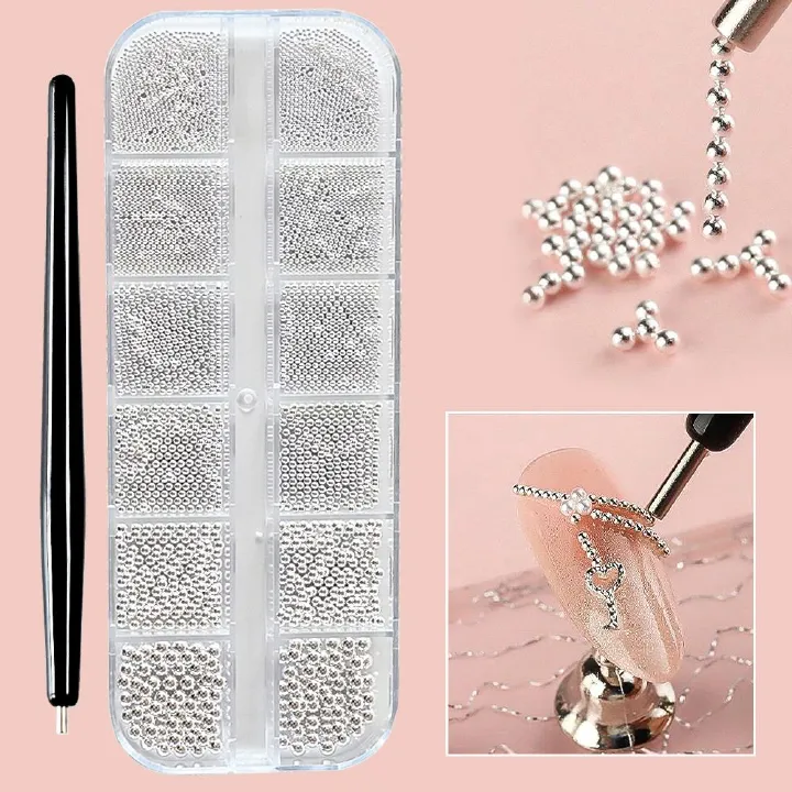 6/12Grids Mini Caviar Beads Nail Art Decorations Metal Gold/Silver Micro Ball Nail Charms Magnetic Pen 0.5~3mm Ball Nail Jewelry With Magnetic Pen