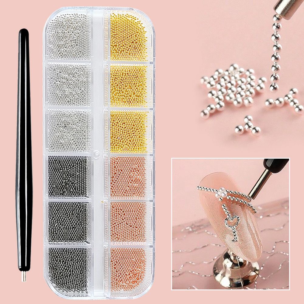 6/12Grids Mini Caviar Beads Nail Art Decorations Metal Gold/Silver Micro Ball Nail Charms Magnetic Pen 0.5~3mm Ball Nail Jewelry With Magnetic Pen