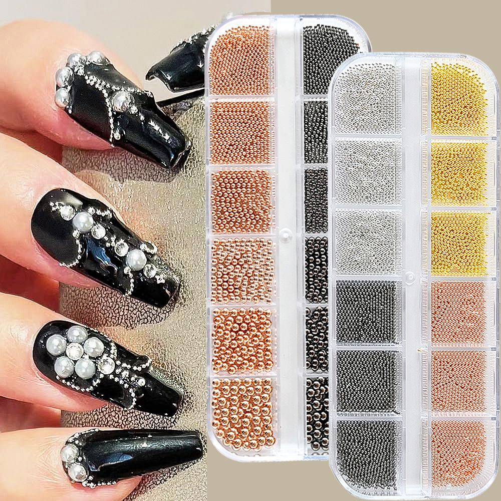6/12Grids Mini Caviar Beads Nail Art Decorations Metal Gold/Silver Micro Ball Nail Charms Magnetic Pen 0.5~3mm Ball Nail Jewelry With Magnetic Pen