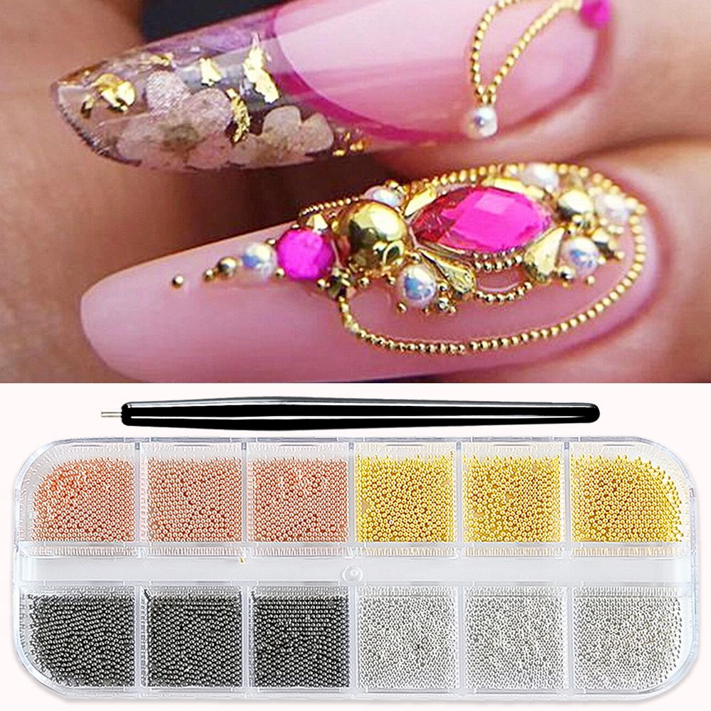 6/12Grids Mini Caviar Beads Nail Art Decorations Metal Gold/Silver Micro Ball Nail Charms Magnetic Pen 0.5~3mm Ball Nail Jewelry With Magnetic Pen