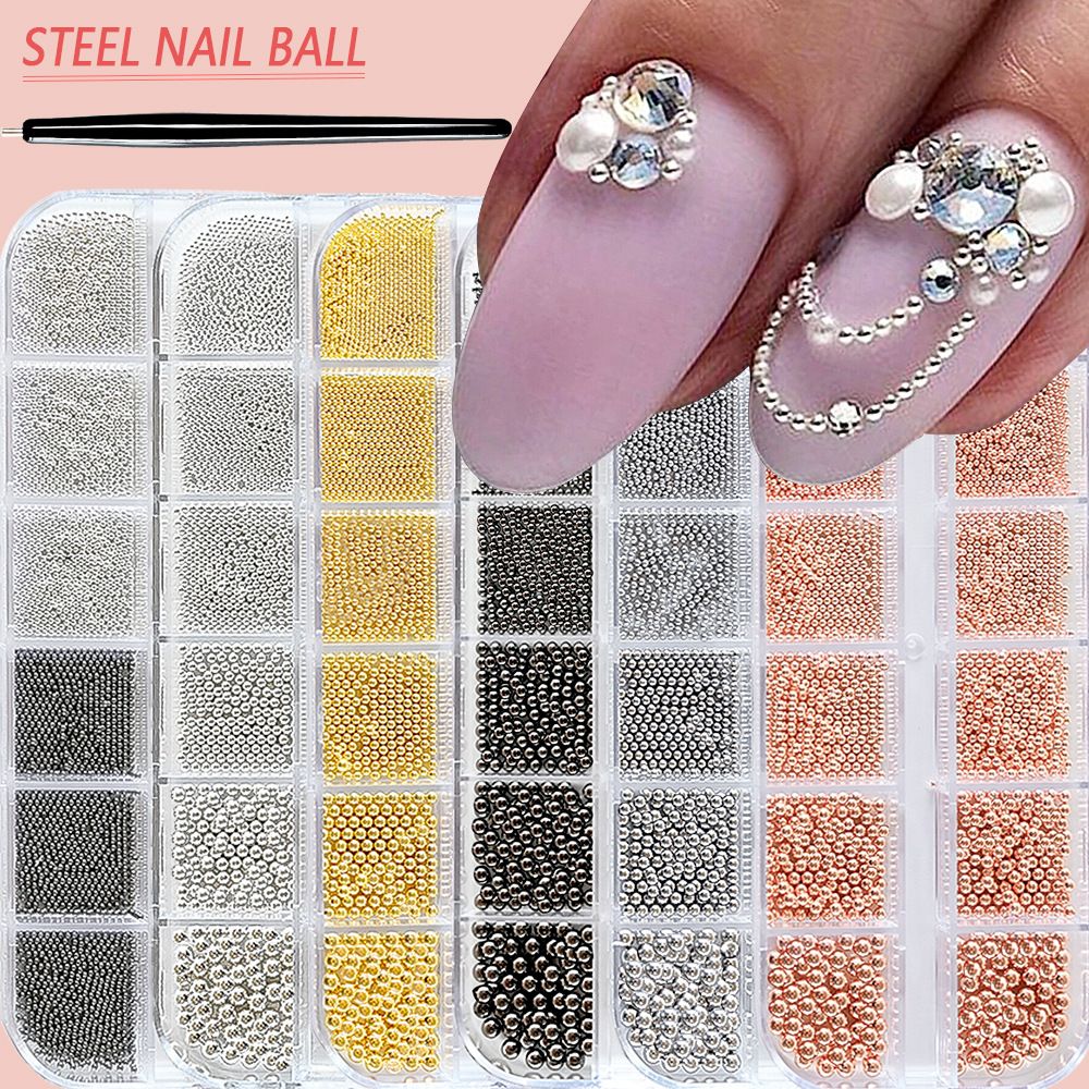 6/12Grids Mini Caviar Beads Nail Art Decorations Metal Gold/Silver Micro Ball Nail Charms Magnetic Pen 0.5~3mm Ball Nail Jewelry With Magnetic Pen