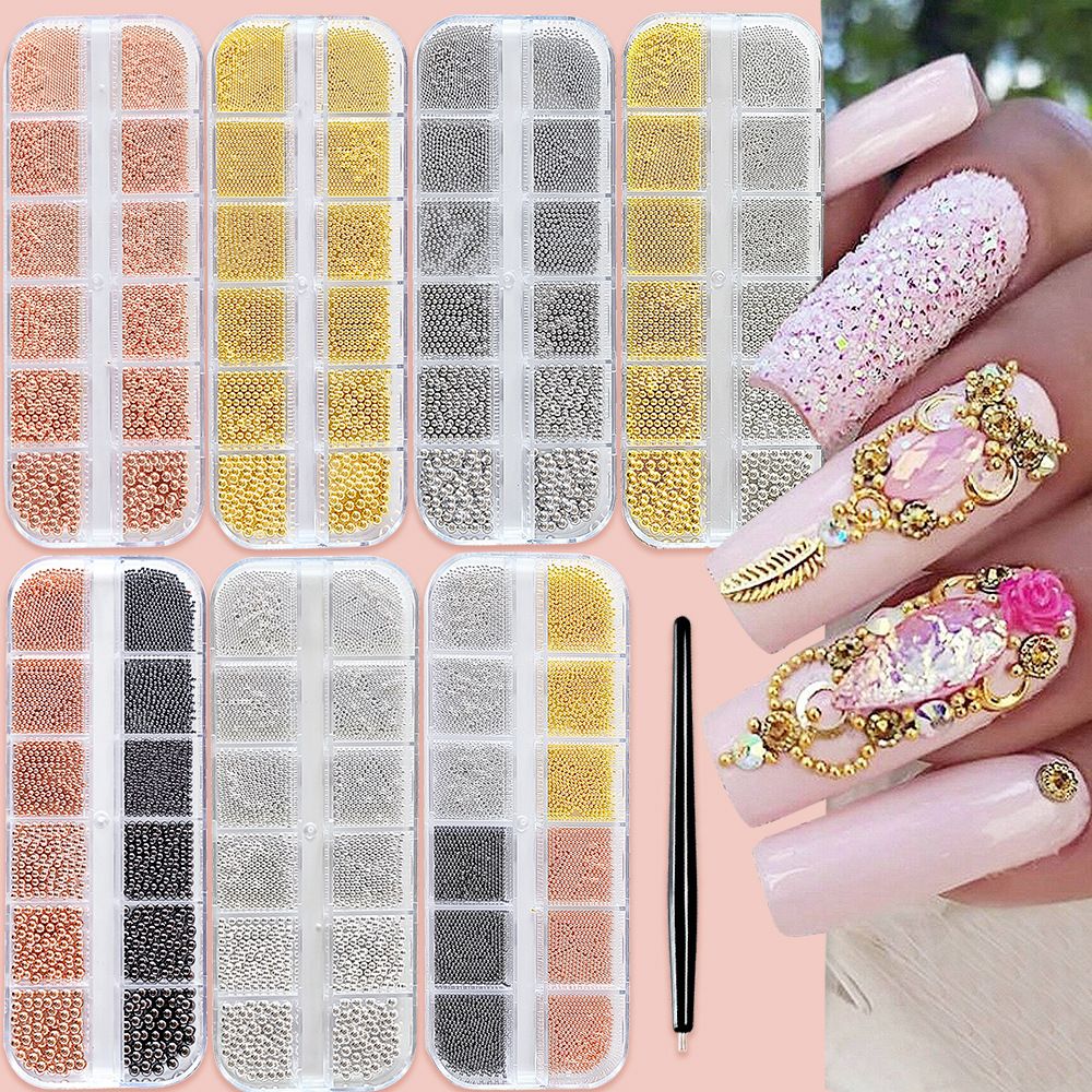 6/12Grids Mini Caviar Beads Nail Art Decorations Metal Gold/Silver Micro Ball Nail Charms Magnetic Pen 0.5~3mm Ball Nail Jewelry With Magnetic Pen
