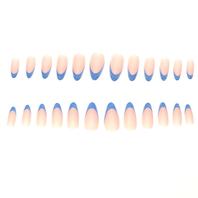 24PCS Medium Coffin Press On Nails Blue Fingertip French Trim Flash Drill Bowknot Press On Nails Full Cover Fake Nail Set