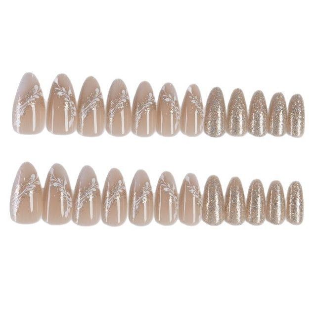24PCS Medium Coffin Press On Nails Blue Fingertip French Trim Flash Drill Bowknot Press On Nails Full Cover Fake Nail Set