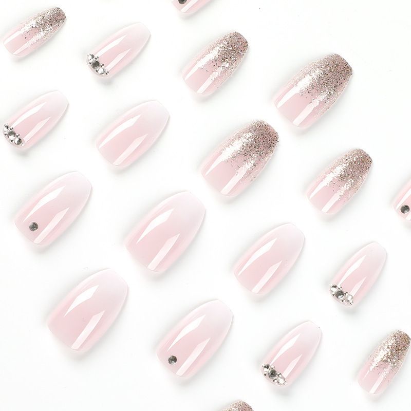 24PCS Medium Coffin Press On Nails Blue Fingertip French Trim Flash Drill Bowknot Press On Nails Full Cover Fake Nail Set