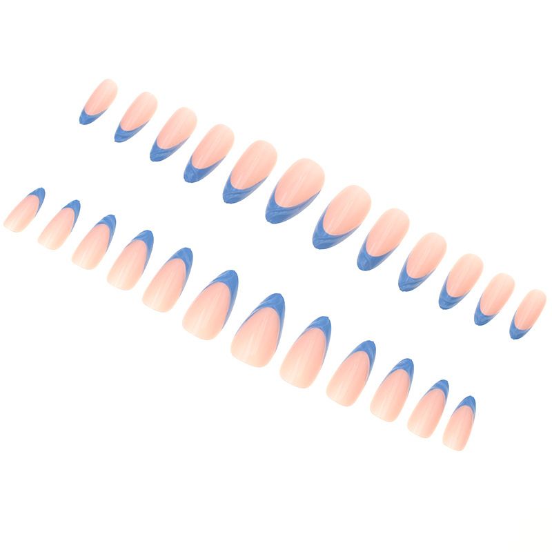 24PCS Medium Coffin Press On Nails Blue Fingertip French Trim Flash Drill Bowknot Press On Nails Full Cover Fake Nail Set