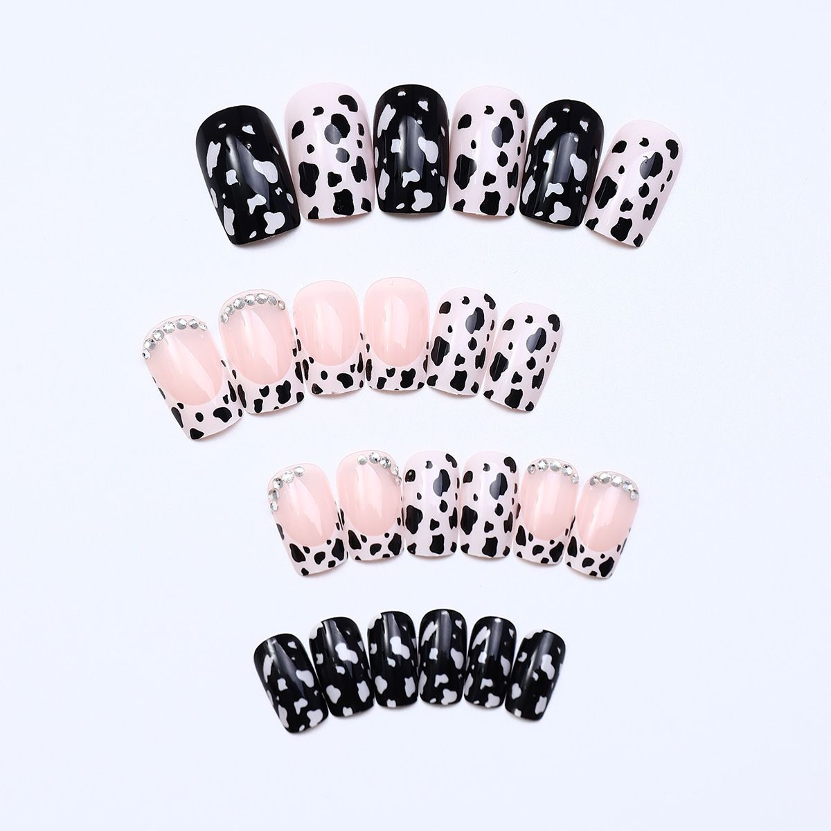24PCS Medium Coffin Press On Nails Blue Fingertip French Trim Flash Drill Bowknot Press On Nails Full Cover Fake Nail Set