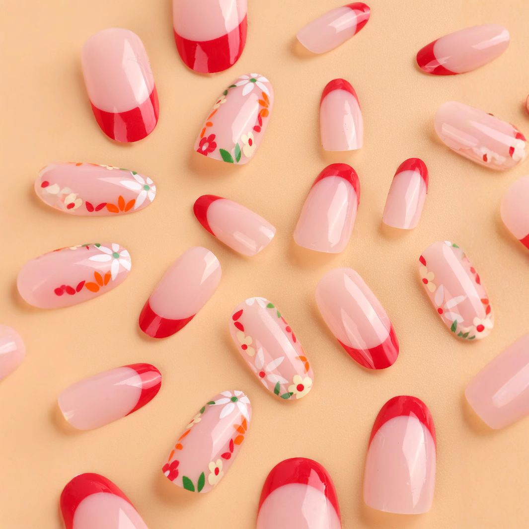24PCS Medium Coffin Press On Nails Blue Fingertip French Trim Flash Drill Bowknot Press On Nails Full Cover Fake Nail Set