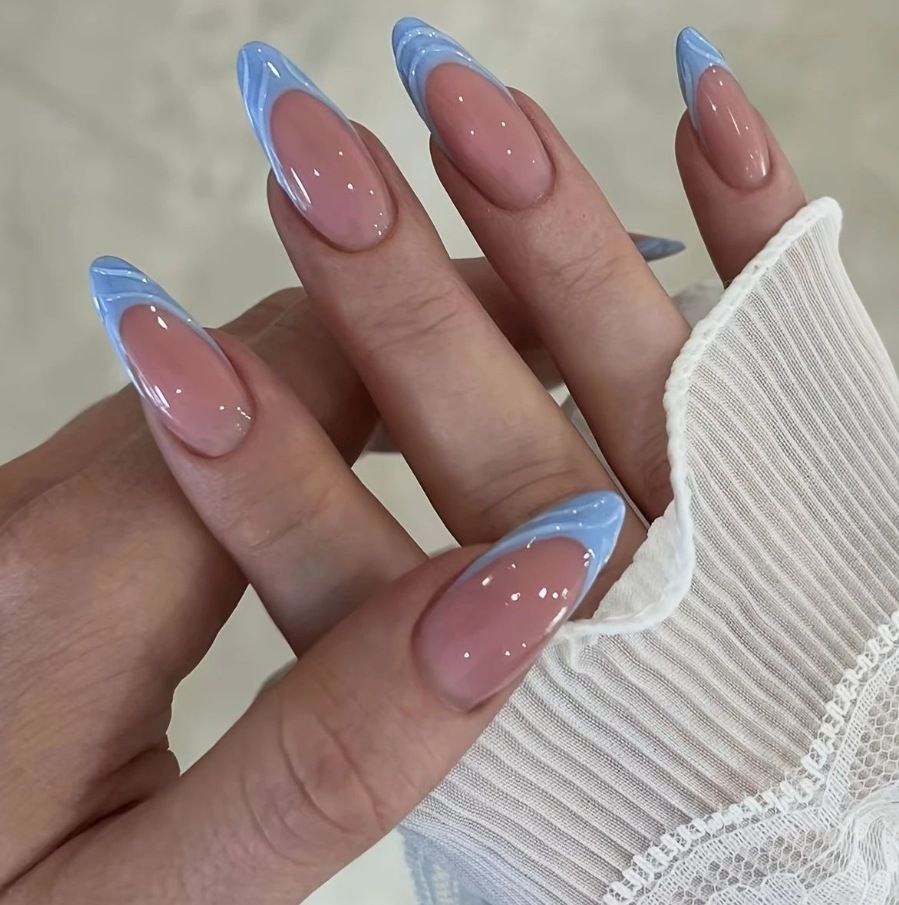 24PCS Medium Coffin Press On Nails Blue Fingertip French Trim Flash Drill Bowknot Press On Nails Full Cover Fake Nail Set