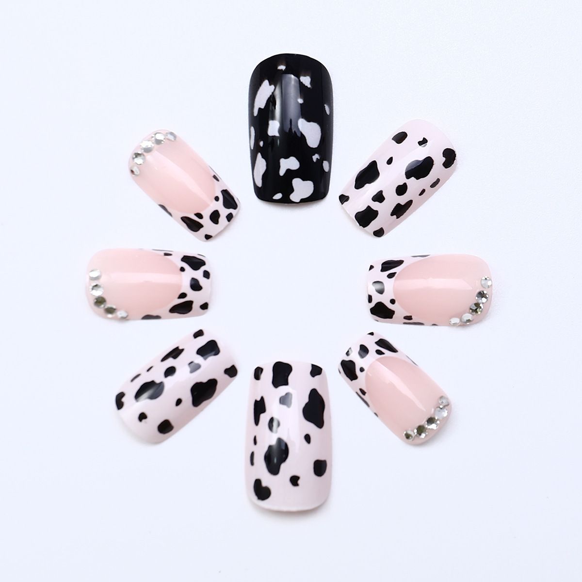 24PCS Medium Coffin Press On Nails Blue Fingertip French Trim Flash Drill Bowknot Press On Nails Full Cover Fake Nail Set