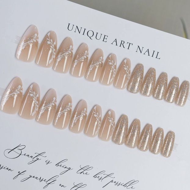24PCS Medium Coffin Press On Nails Blue Fingertip French Trim Flash Drill Bowknot Press On Nails Full Cover Fake Nail Set