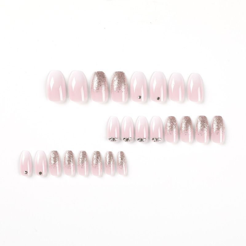 24PCS Medium Coffin Press On Nails Blue Fingertip French Trim Flash Drill Bowknot Press On Nails Full Cover Fake Nail Set
