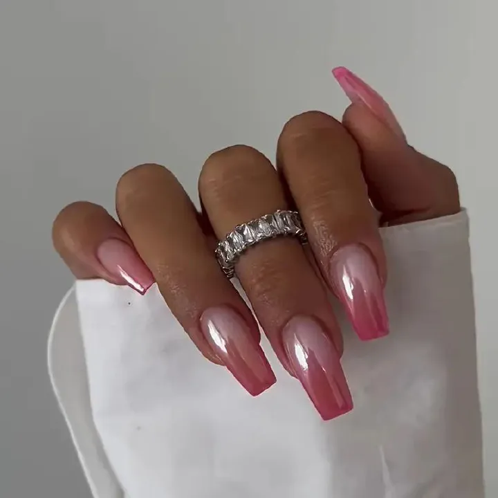 24Pcs Aurora Fake Nail with Glue Mid-length Square Head Design False Nails Simple Fashion Press on Nails Full Cover Nail Tips
