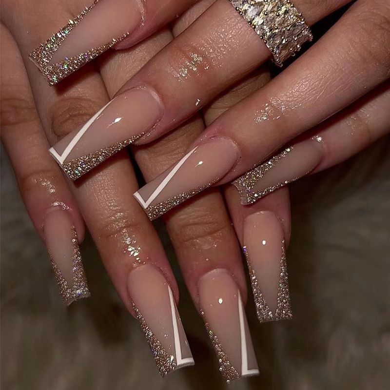 24Pcs Aurora Fake Nail with Glue Mid-length Square Head Design False Nails Simple Fashion Press on Nails Full Cover Nail Tips