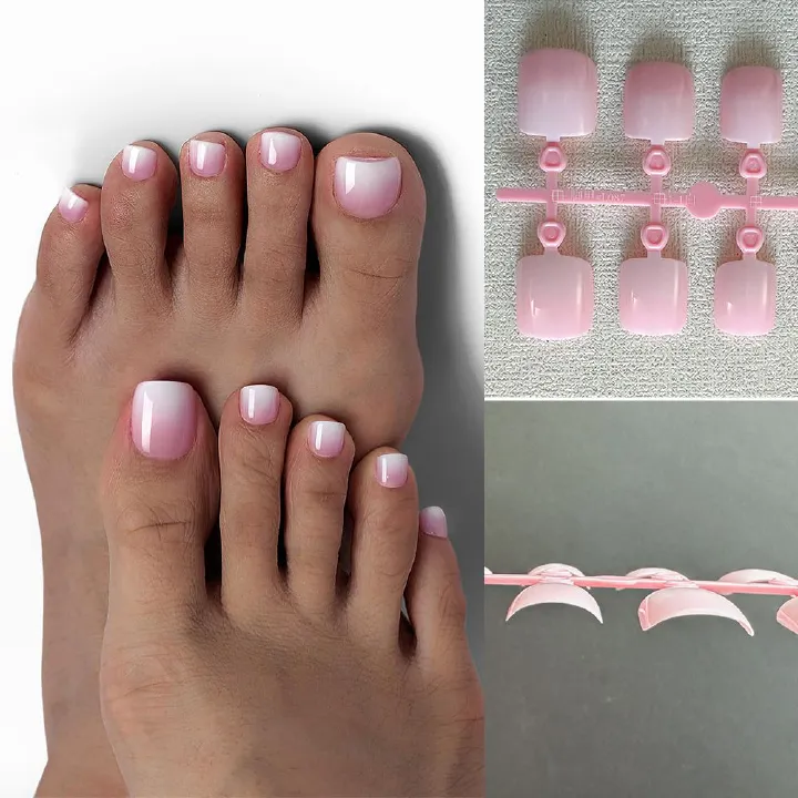 120Pcs Fake Toenails Nude Pink Short Square French Line False Toe Nails Detachable Press On Toenails Acrylic Soft ToeNails Tips