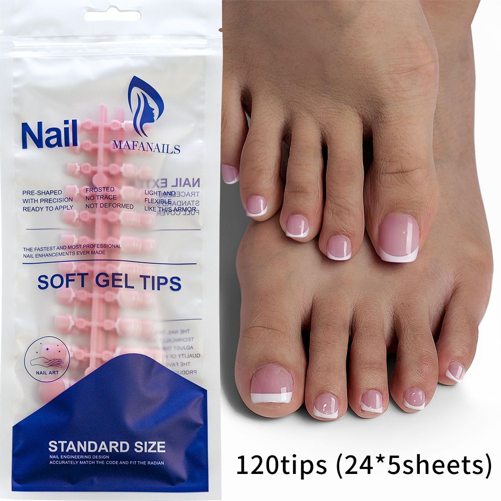 120Pcs Fake Toenails Nude Pink Short Square French Line False Toe Nails Detachable Press On Toenails Acrylic Soft ToeNails Tips