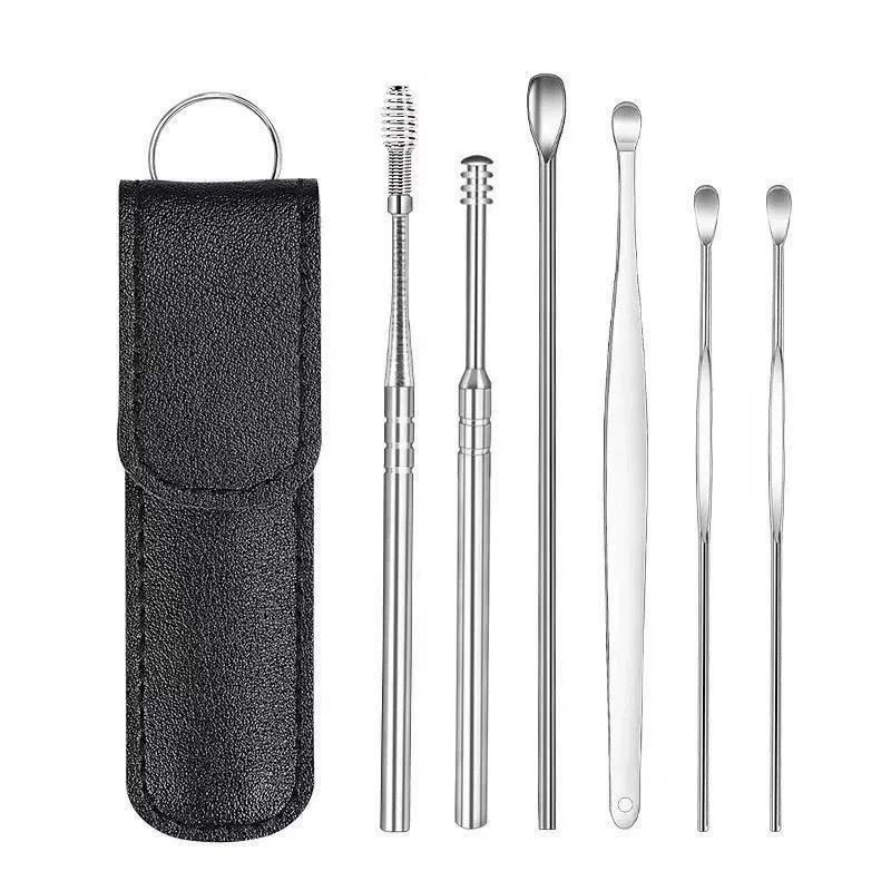 6-Pieces Ear Pick Set with PU Leather Case | Portable Ear Wax Remover Kit | Travel-Friendly Ear Spoon Set