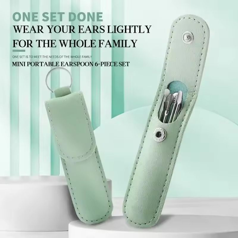 6-Pieces Ear Pick Set with PU Leather Case | Portable Ear Wax Remover Kit | Travel-Friendly Ear Spoon Set