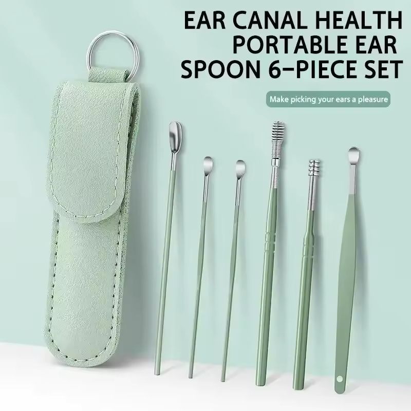 6-Pieces Ear Pick Set with PU Leather Case | Portable Ear Wax Remover Kit | Travel-Friendly Ear Spoon Set