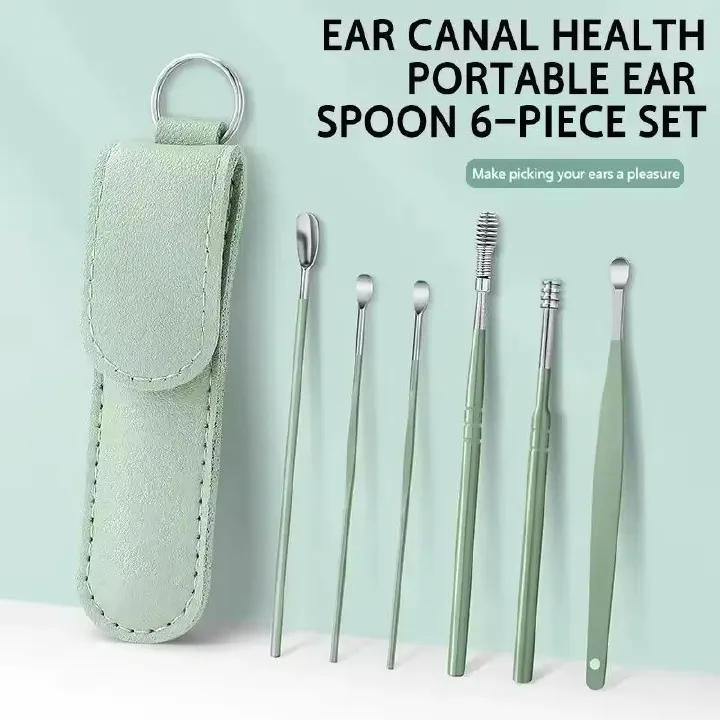 6-Pieces Ear Pick Set with PU Leather Case | Portable Ear Wax Remover Kit | Travel-Friendly Ear Spoon Set