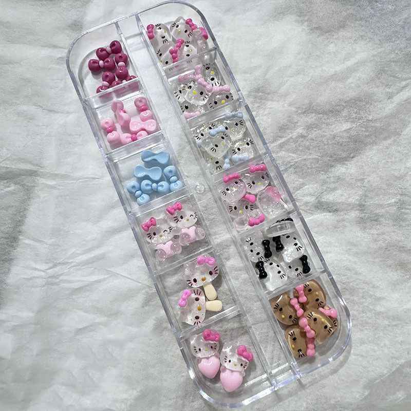 12Grids/Box Swim Bikini Hello Kitty Nail Charms Kawaii Tan Skin Kitty Cat Resin Charms Pink Bow Nail Art Decorations Accessories