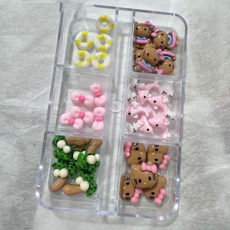 12Grids/Box Swim Bikini Hello Kitty Nail Charms Kawaii Tan Skin Kitty Cat Resin Charms Pink Bow Nail Art Decorations Accessories