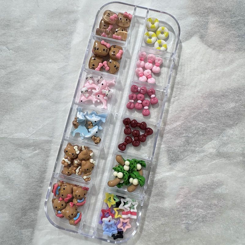 12Grids/Box Swim Bikini Hello Kitty Nail Charms Kawaii Tan Skin Kitty Cat Resin Charms Pink Bow Nail Art Decorations Accessories