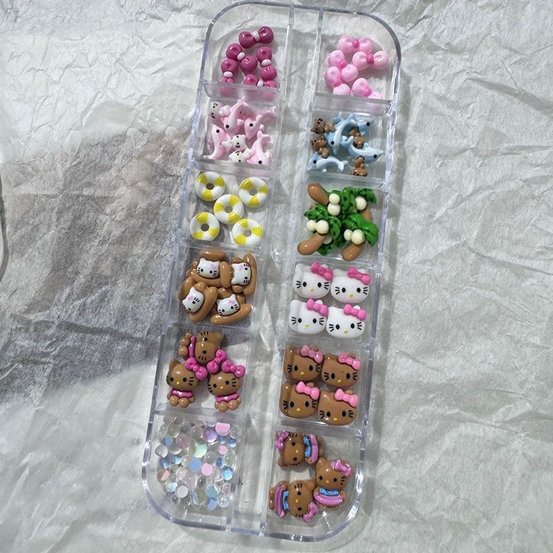 12Grids/Box Swim Bikini Hello Kitty Nail Charms Kawaii Tan Skin Kitty Cat Resin Charms Pink Bow Nail Art Decorations Accessories